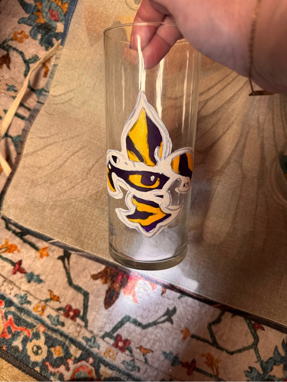 Hand-Painted Tall Glass with Purple and Yellow Fleur Design